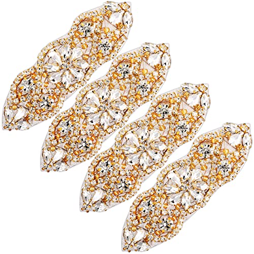 4 Pieces Rhinestone Applique Rhinestone Iron on Patch Rhinestone Hot Fix Applique Wedding Hair Appliques for Bridal Wedding Dress Clothes Sash Crystal Belt Sewing Appliques for Shoes (Gold)