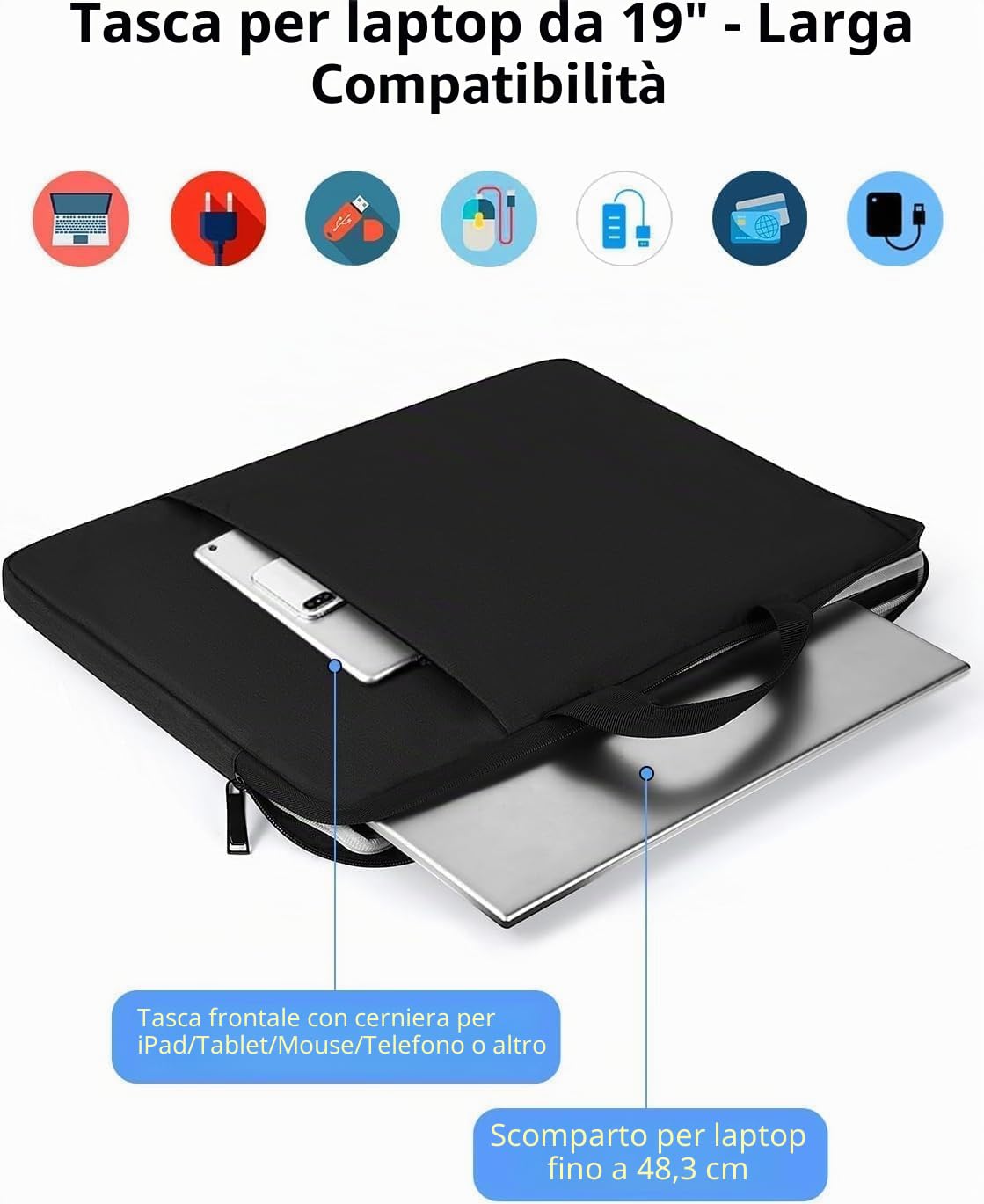 EVICIV Custodia per Laptop da 19 pollici, Sleeve per Laptop, Custodia Impermeabile Custodia Borsa Custodia Protettiva Compatibile per 17"-19" Notebook & Schermo Portatile, Nero