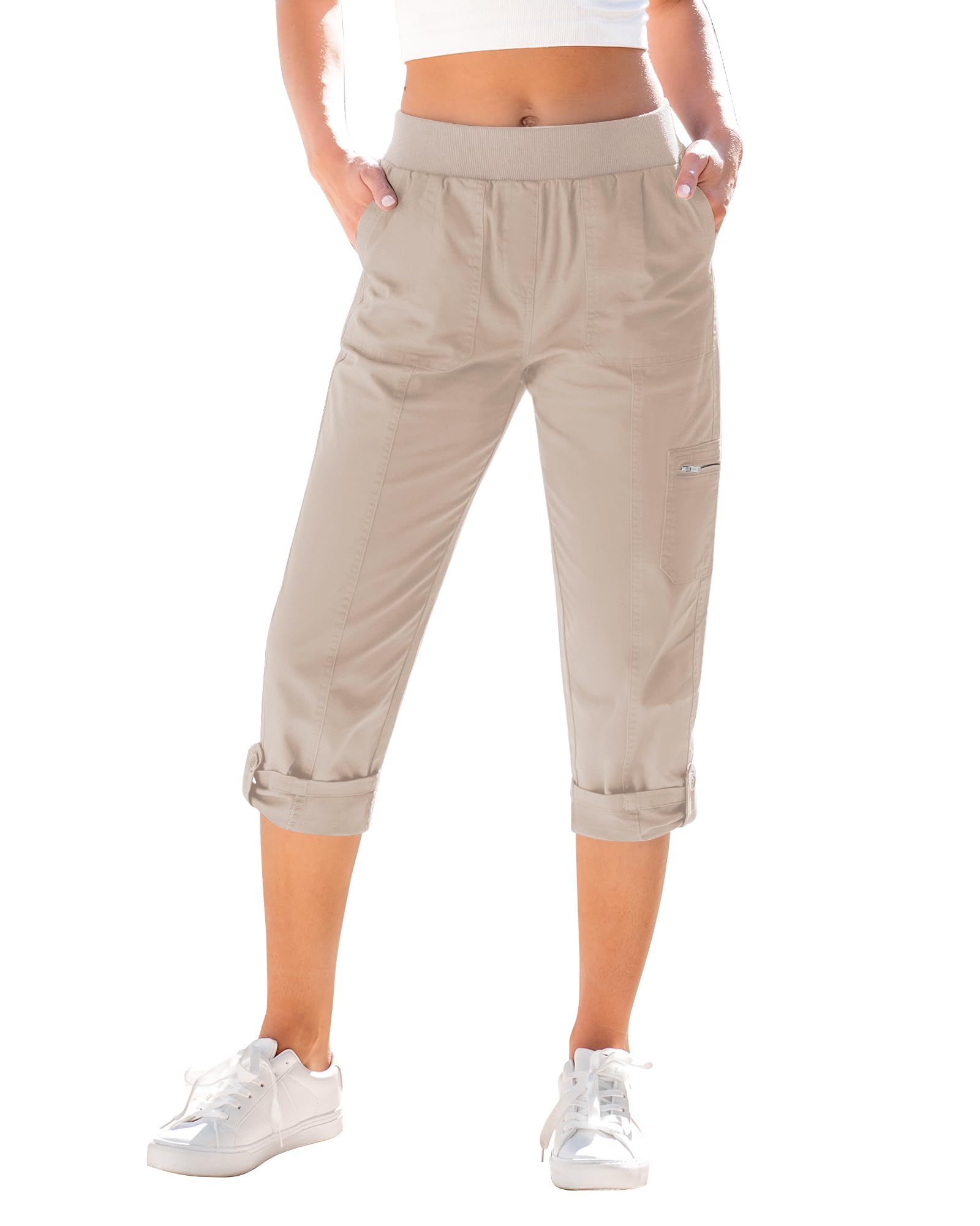 GRAPENT Capri Cargo Pants for Women High Waisted Pull On Elastic Waist Stretch Twill Fold Hem Capris Pants with Pockets