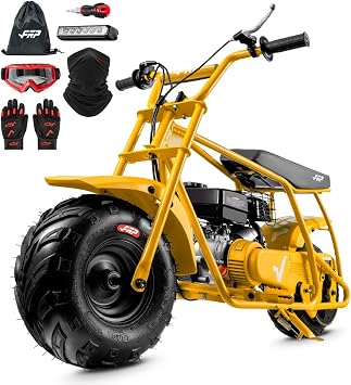 GMB100 Plus Mini Dirt Bike Complete Starter Bundle 99cc 4-Stroke Off Road | 3HP Engine, Up To 28 Mph, Up To 220 Lbs, Disc Brake, Gloves, Goggles, Neck Gaiter & Headlight Included,Yellow
