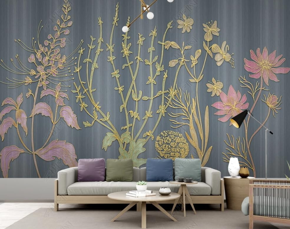 Papier peint à motif végétal relief doré poster mural géant 350cm