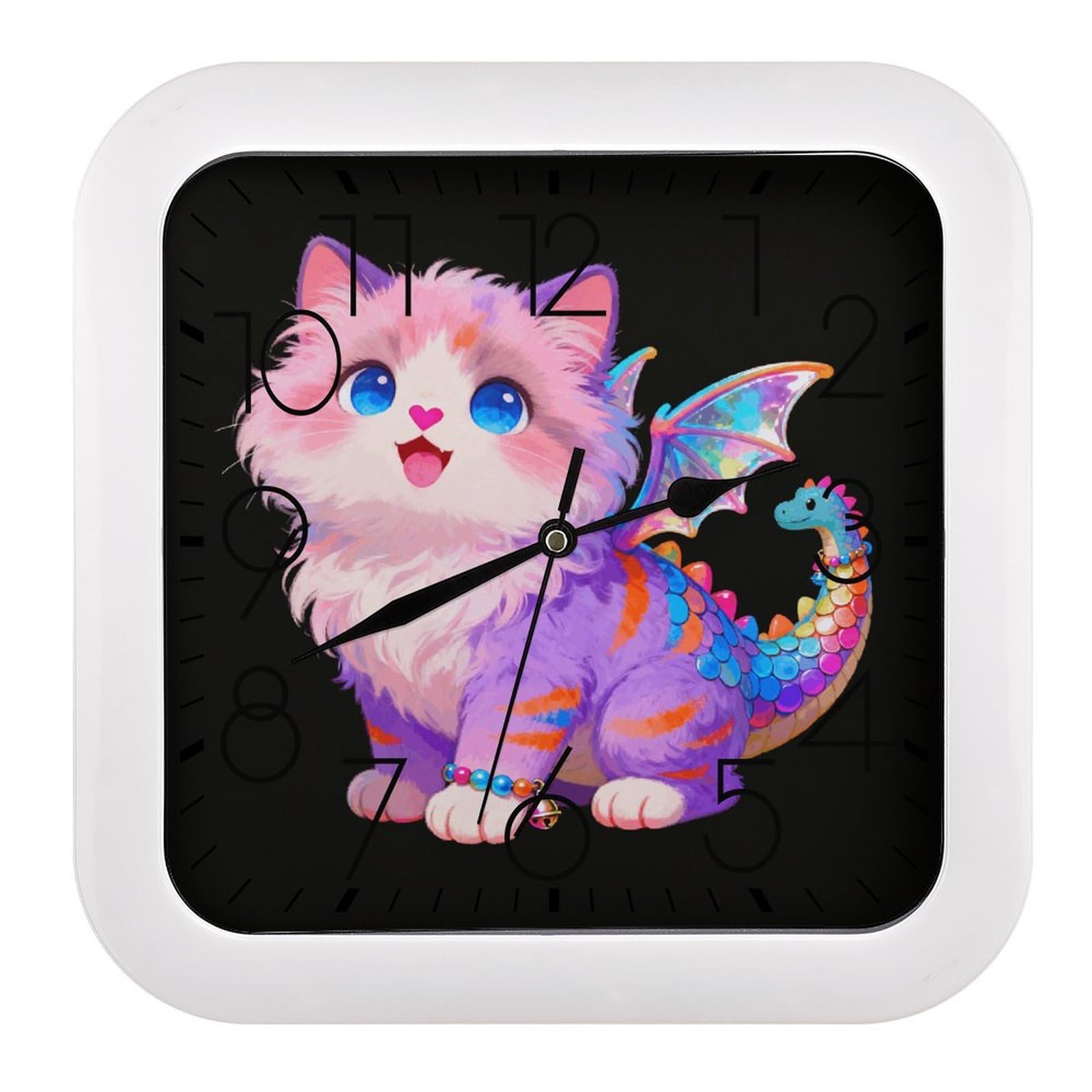 LZQPOEAS Dragon Cat Square Wall Clock, 10.2 Inch Battery Operated Silent Non-Ticking Wall Clock, Square Analog Decorative Clock for Home Wall Art, Living Room, Bedroom, and Office