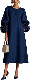 Women Fall Midi Round Neck Long Balloon Sleeve Dress 3D Floral Cuff Partial Button Front Cotton Linen A-Line