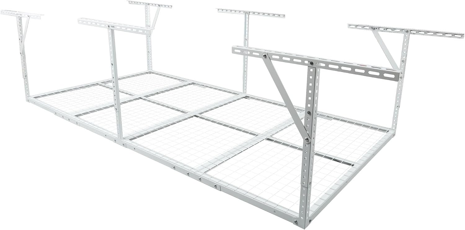 4 X 8 FT Garage Ceiling Storage Racks, Heavy Duty Overhead Garage Storages Rack with Adjustable Hight, Metal Hanging Garages Storage Rack with Support Rod, 22''- 40" Adjustable, 600 LBS (White, 4x8FT)