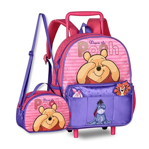 Kit Mochila Carrinho com Lancheira Térmica Escolar Infantil Ursinho Pooh