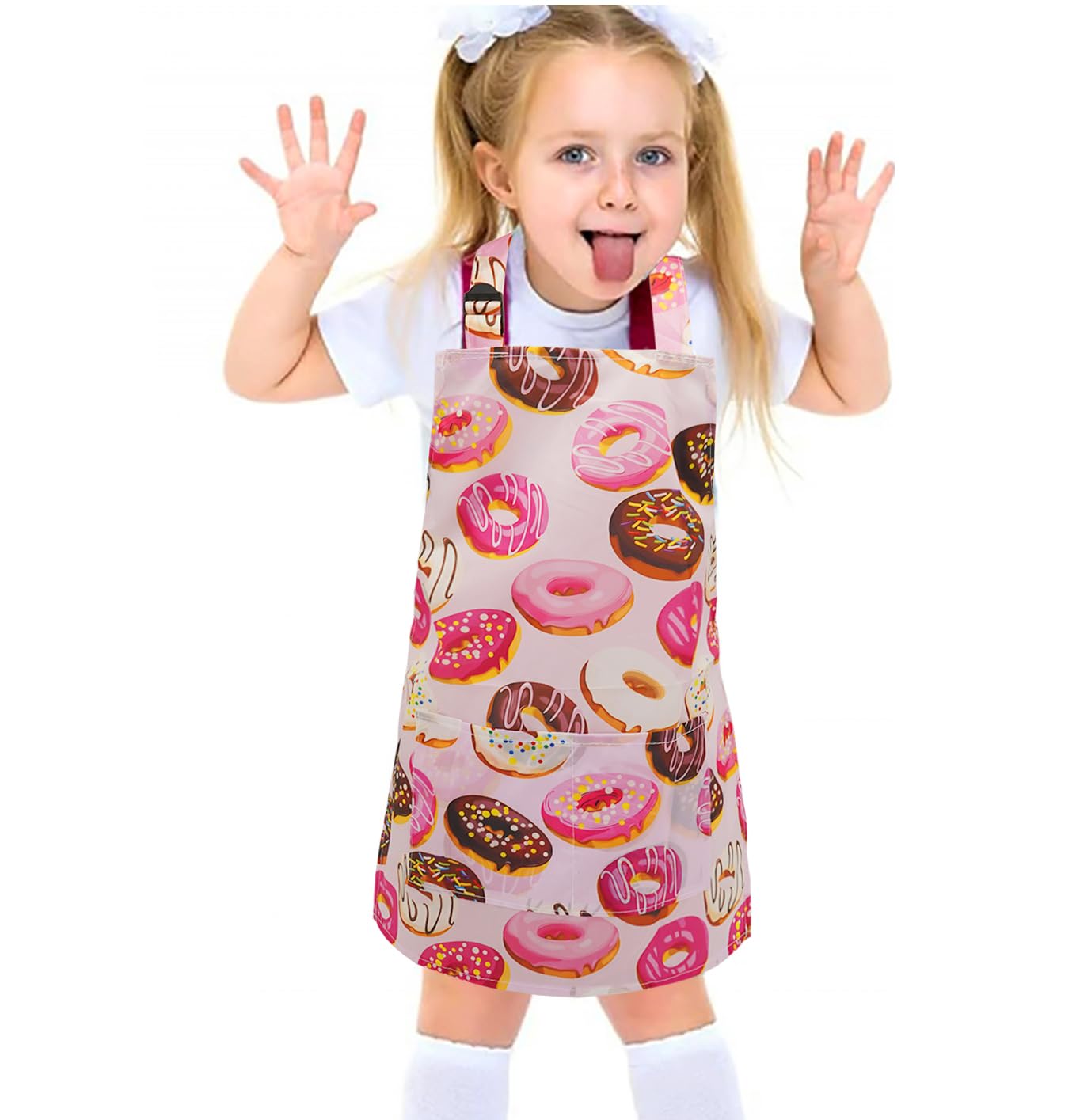 MESU Kids Aprons Cartoon Adjustable Child Chef Apron for Art Painting Gardening Pink - Image 3
