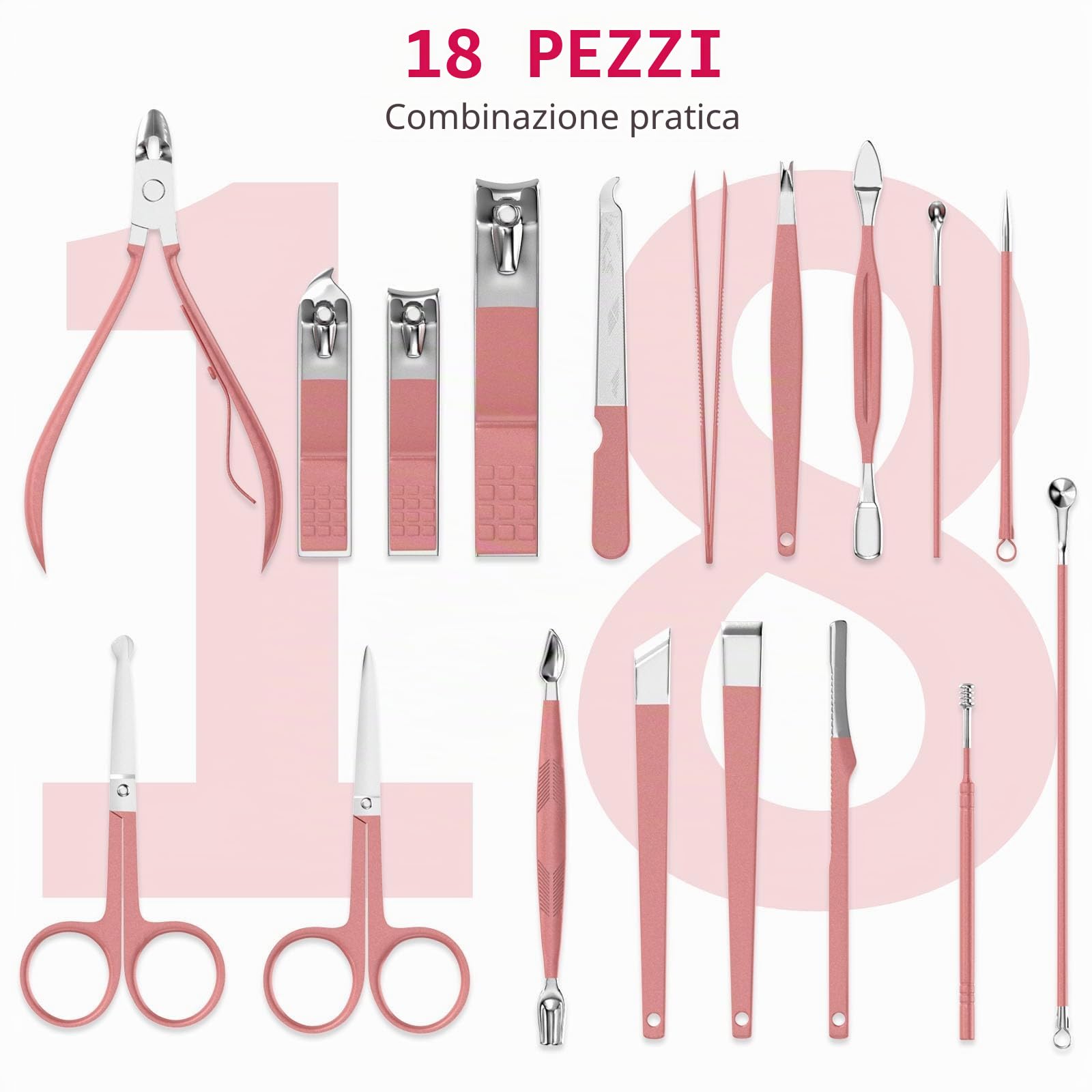 ZIZZON Set manicure 18 in 1 Set professionale per pedicure Forbici per unghie Kit per toelettatura con custodia da viaggio in pelle Rosa