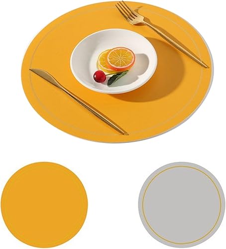 Round Placemats Set of 6 with Gold Edged, Faux Leather Place Mats Reversible Washable Placemat Wipeable Dining Table Mats, Place Mats for Kitchen