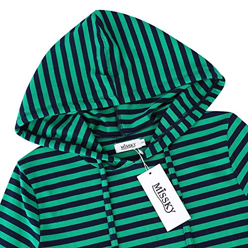 MISSKY Women Casual Pocket Stripe Slim Sweatshirt Pullover Hoodie Dress (L,Navy&Green87#) - Thumbnail 4