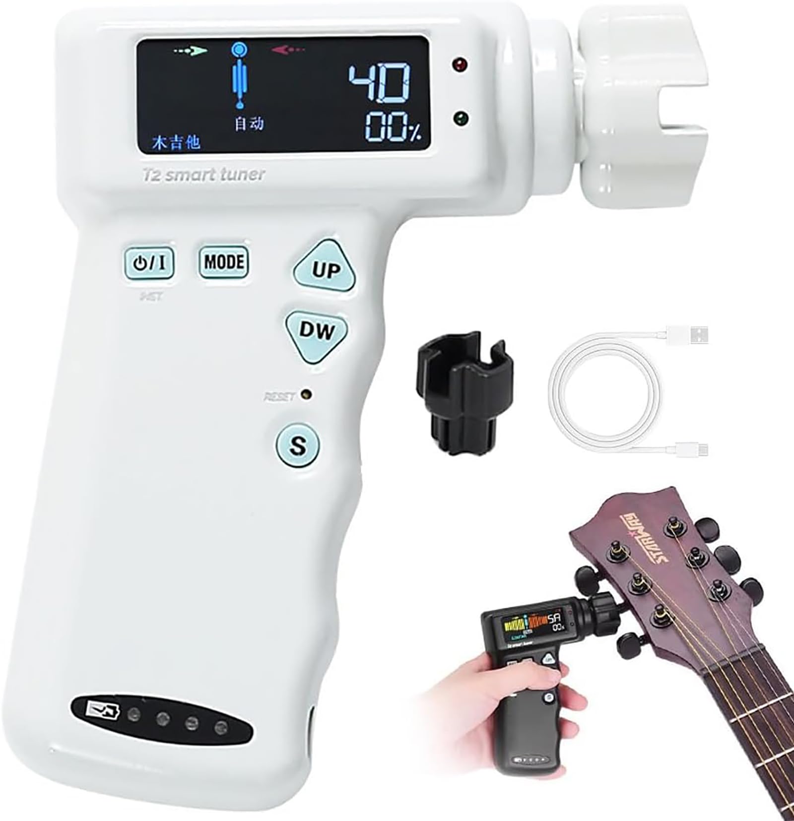 McbeAn Accordatore per Chitarra, Accordatore per Chitarra Elettrica Professionale con Display LCD a Colori, Riconoscimento Intelligente, Rotazione Automatica, Batteria al Litio Integrata da 2600 mAh
