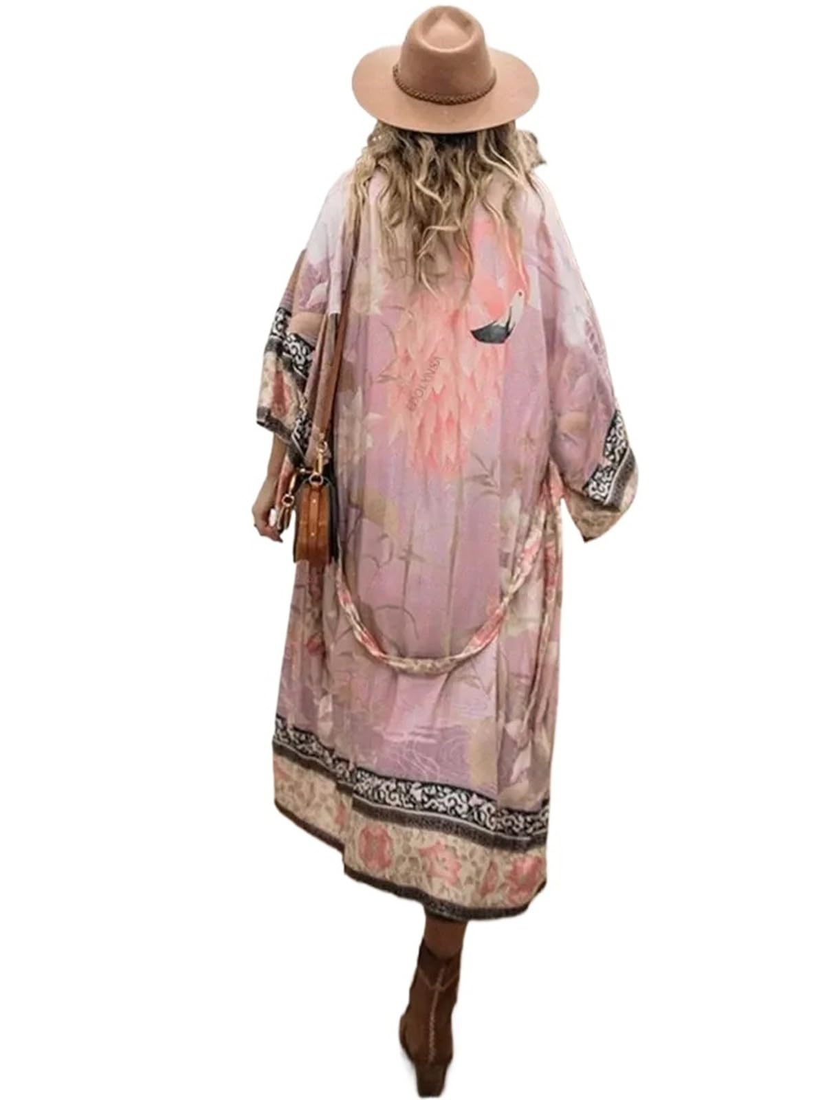 Pareo Femme Plage Robe Longue Kimono Rose avec Ceinture Auto-Ouverte sur Le Devant, Tunique de Plage for Femmes, Cover-Up for Maillot Bain