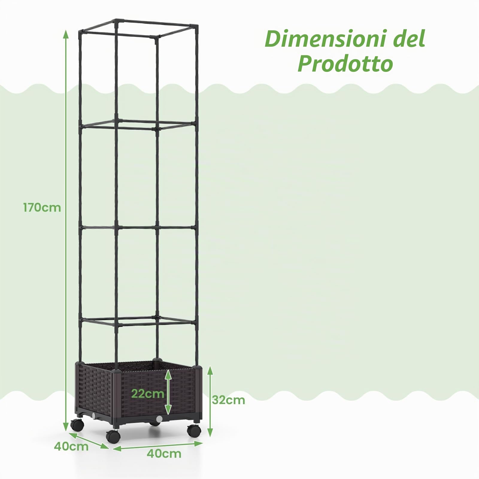 HOMASIS Fioriera con Traliccio per Piante Rampicanti da Esterno, Quadrato Orto Verticale con Sistema di Auto-irrigazione e Altezza Regolabile, Vaso Fiori Rialzato, 170 x 40 x 32 cm