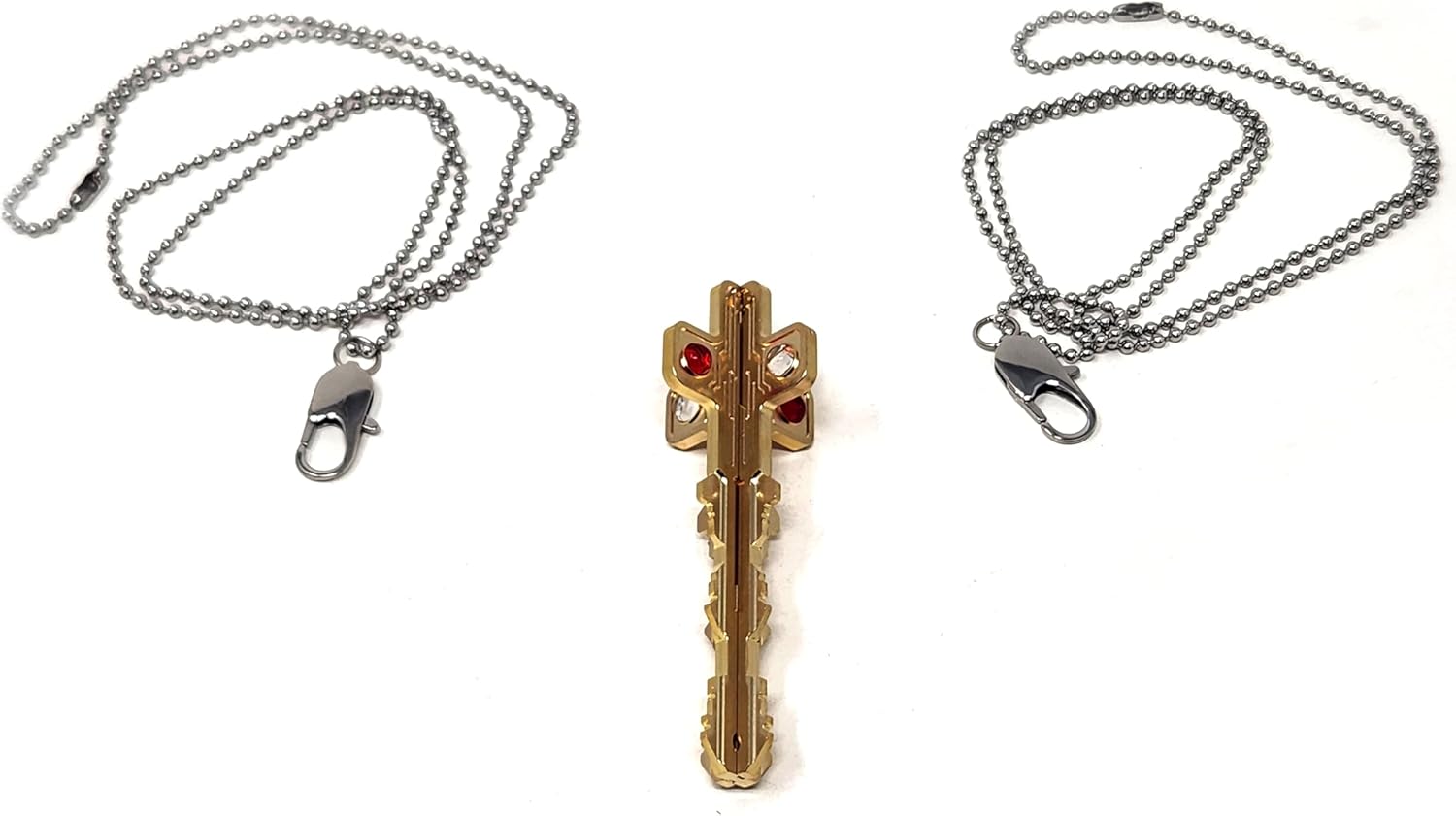 Cruciform Key Replica Necklace, 3.25 inch Brass Key with Red Glass Cabochons, 30 inch Steel Chain