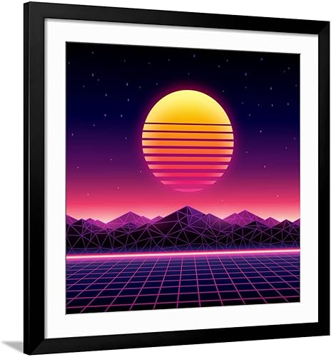 ART.COM Wall Art Print Retro Futuristic Background 1980S Style. Digital Landscape in a Cyber World. Retro Wave Music Album on Black Frame by Kelvin