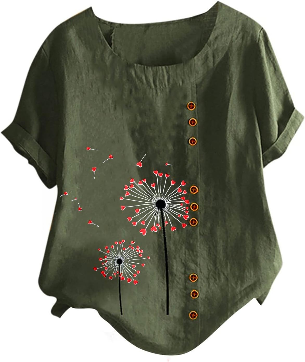 夏の女性のコットンリネンTシャツトップス半袖カジュアルフラワーチュニックTシャツ快適なソフトクルーネックボタンブラウス（アーミーグリ