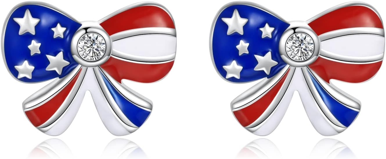 American Patriotic Flag Stud Earrings: 925 Sterling Silver USA Flag Earrings America Independence Day 4th of July Patriotic Jewelry Gifts for Women