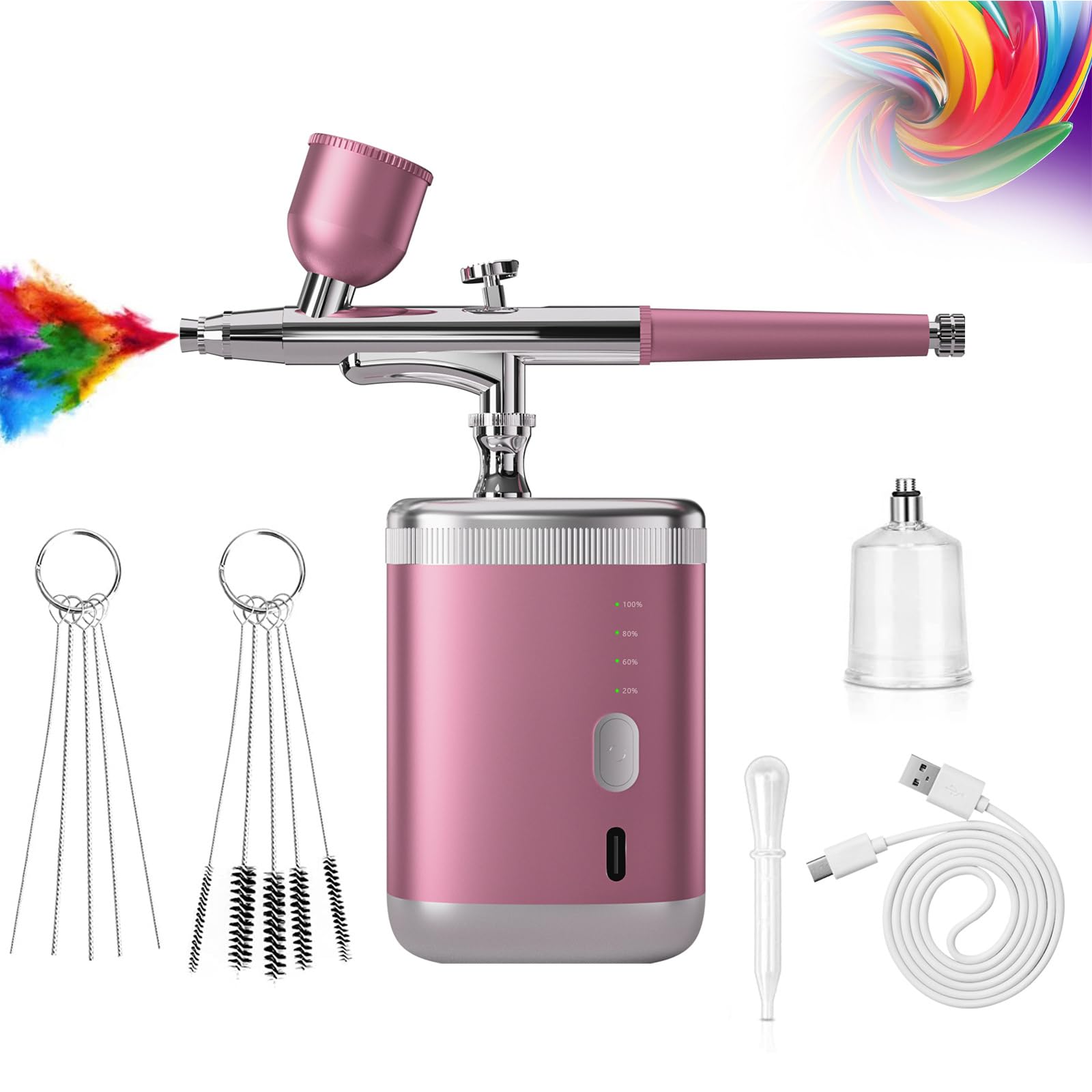 Kit de Aerógrafo Sin Cable Rosa - Pistola de Pintura Portátil，Aerógrafo eléctrico Recargable con Boquilla 0,3/0,5mm, 3 presiones Ajustables para Nail Art, modelismo, decoración Pasteles