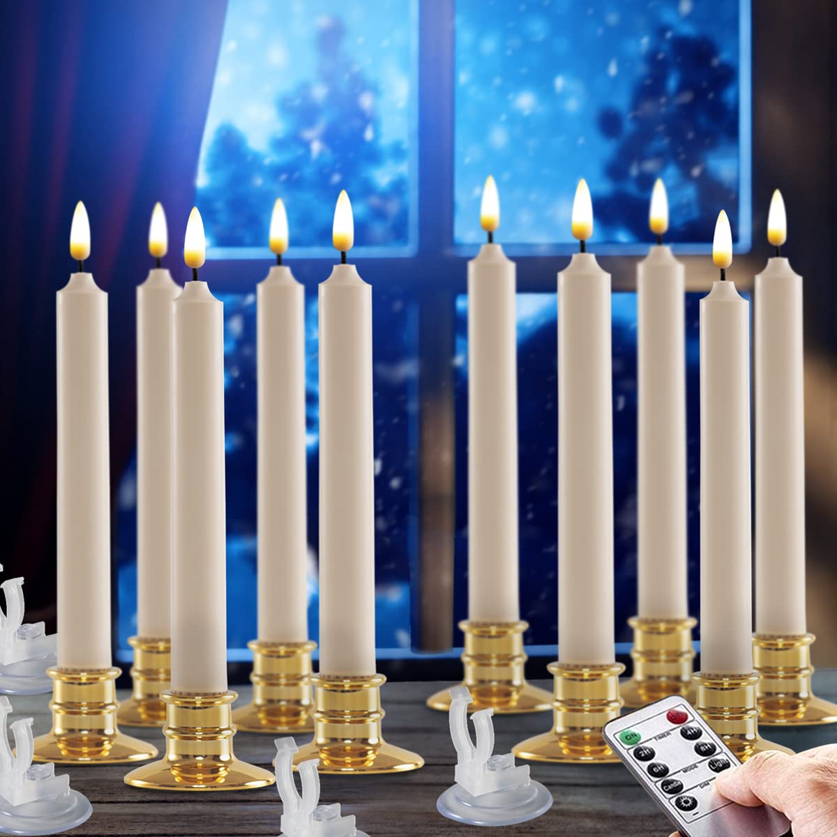 10 Pack Window Candles +20 AA Batteries(Include,Run More Than 400 Hours) + Candleholders + Suction Cups+ 2 Remote. 8'' Tall. IVORY LED Battery Powered Candle. 3D Flickering Wick, Timer Function