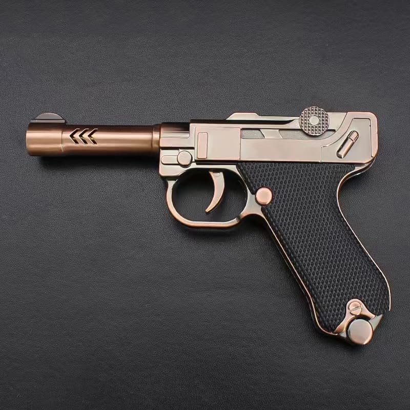Image of Antique Pistol Shaped Gun Lighter, Metalic Finish with Black Grip, Windproof Blue Jet Flame Torch Lighter, Refillable and Adjustable Flame Gas Lighter (Random Color - Brown /Green /Silver)