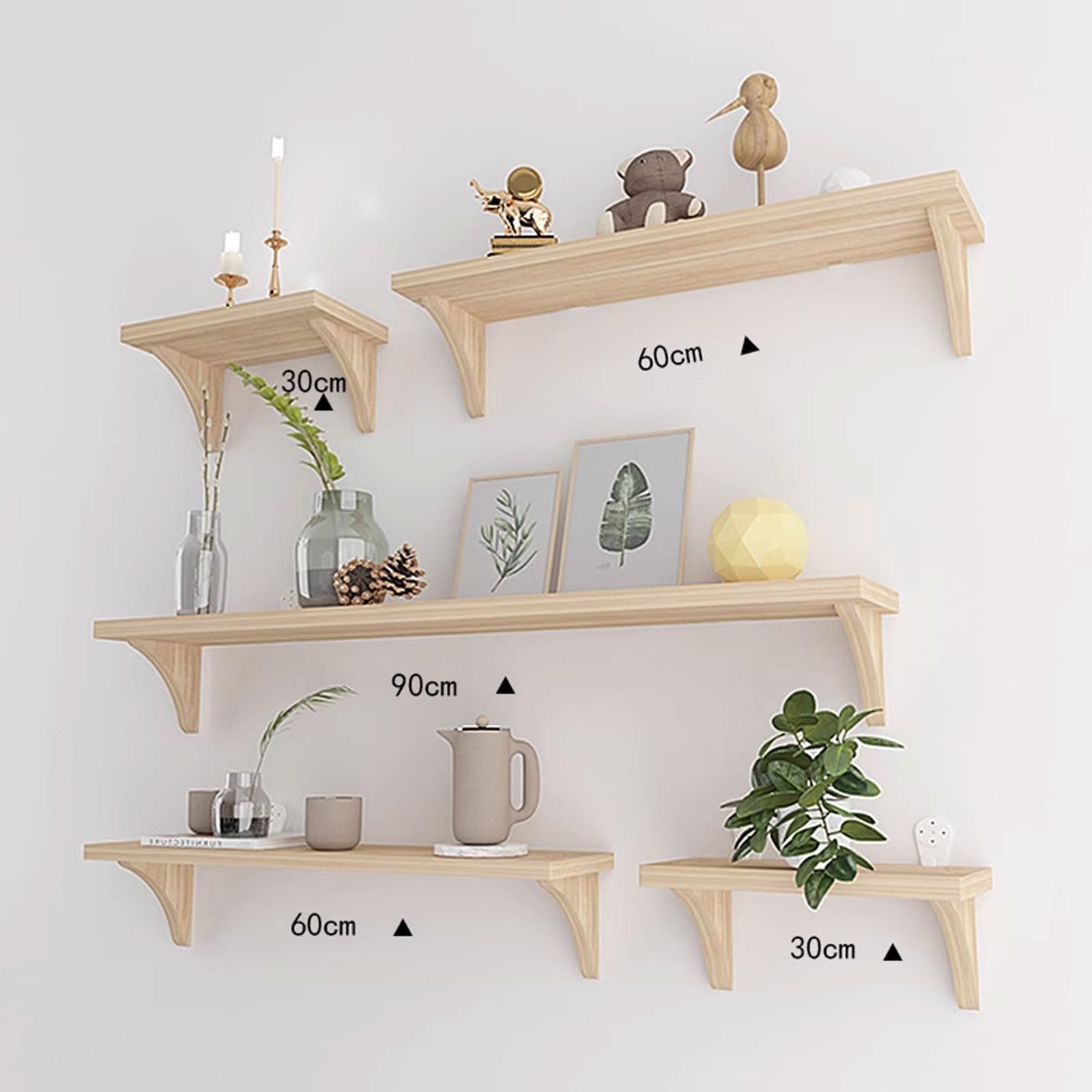 Scaffale da parete senza trapano, in legno, per cucina, bagno, camera da letto, soggiorno, mensole strette e robuste (set da 5)