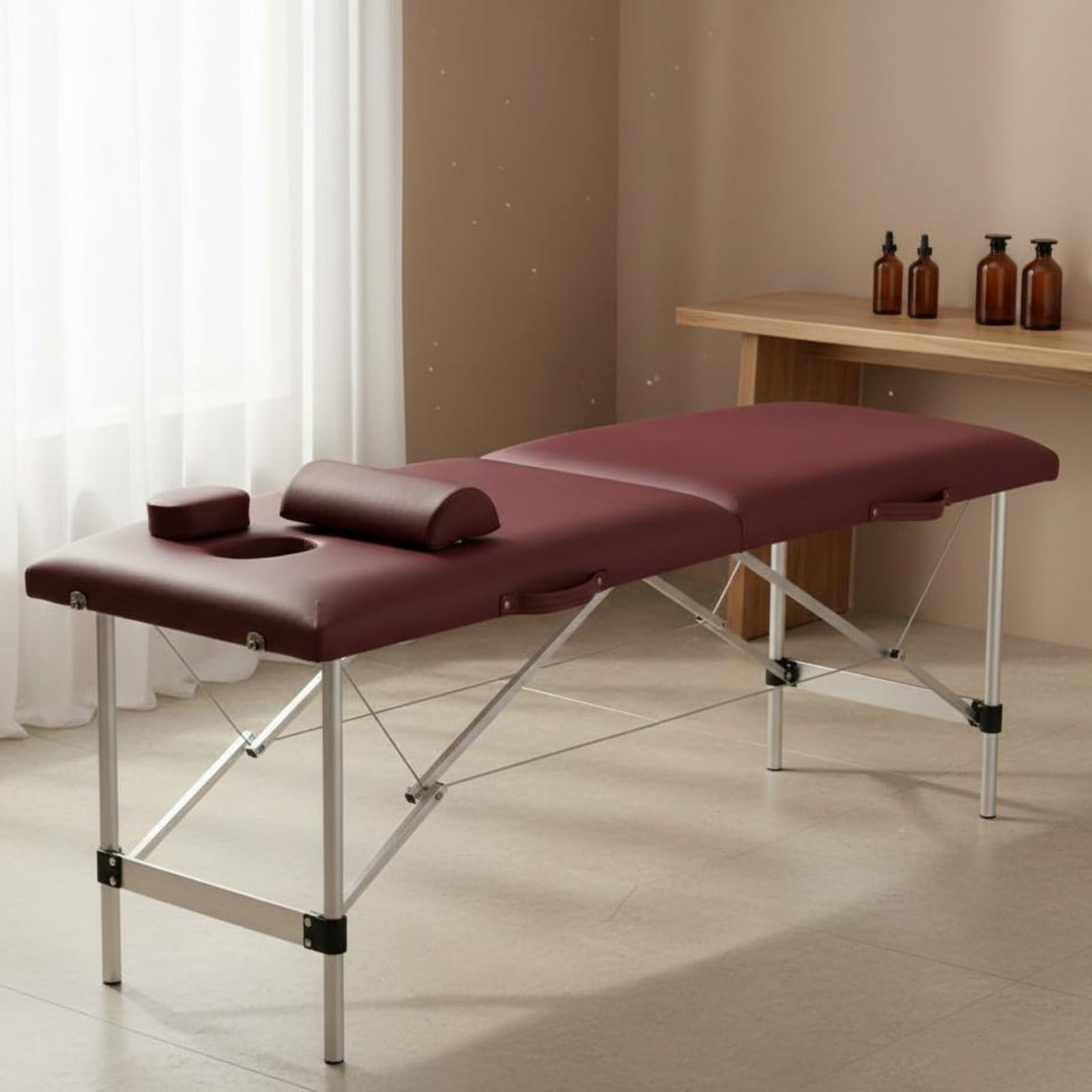 Cama de Masaje Mesa Portátil Camilla de Estética Banco de con Acolchado de 5cm y Cubierta de PVC Estructura de Aluminio Reforzada de Acero Orificio, Negro, 185x60cm