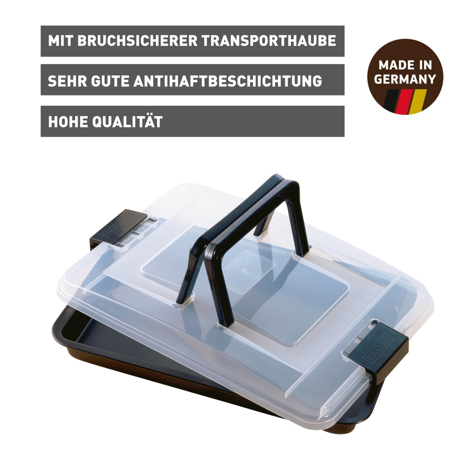 Original Kaiser Inspiration Backblech mit Deckel, Kuchen Transportbox, Backblech mit Transporthaube und klappbarem Griff 42 x 29 x 4 cm, praktisches Frischalten und Aufbewahren, Made in Germany