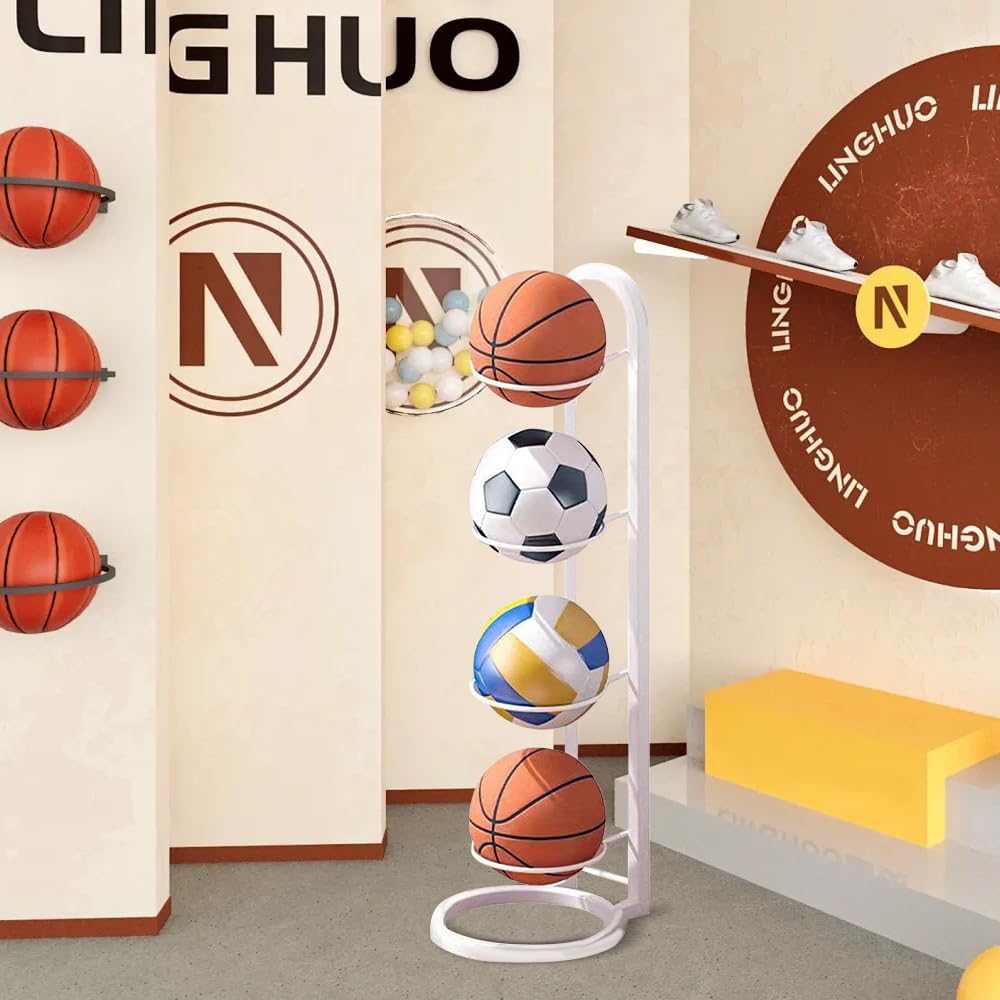 Soporte vertical para balones de metal, estante de 4 niveles para voleibol, baloncesto, fútbol (blanco)