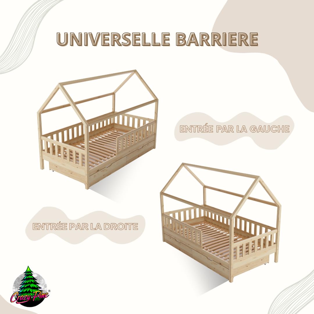 Crazy Blanco Lit de maison avec tiroirs, 90 x 200 cm, en bois naturel, avec protection anti-chute, design scandinave, lit de sol Montessori avec espace de rangement supplémentaire