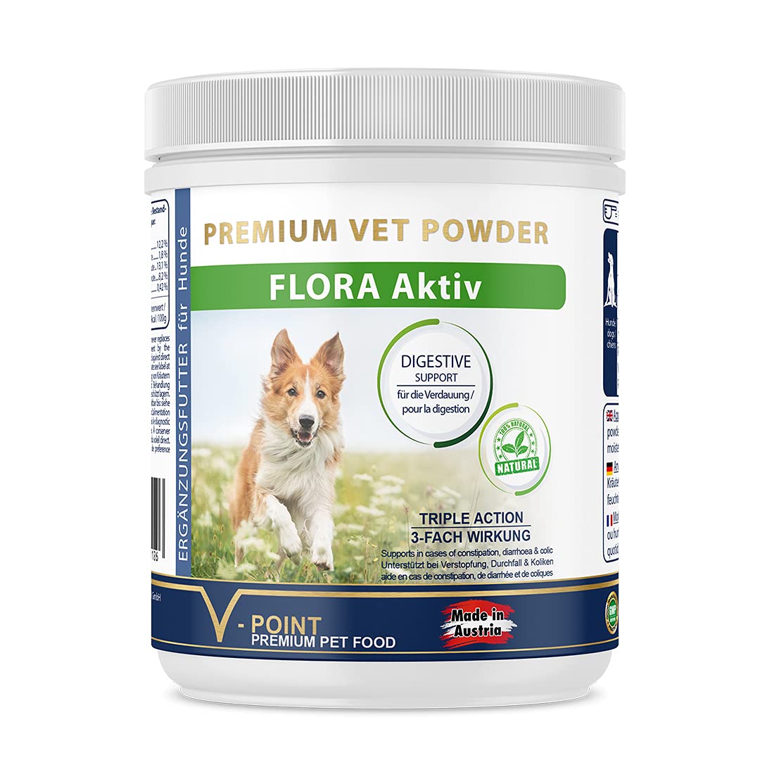 V-Point Flora Aktiv dla psów, pomoc w przypadku biegunki, wzdęć, problemów trawiennych, zaparć, kolki, problemów żołądkowych, odbudowa mikroflory jelitowej, naturalny proszek ziołowy (250 g)