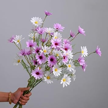 NatureMan Artificial Flowers 12 Bundles Artificial Silk Daisy UV Resistant Outdoor Fake Wildflowers with Stems Daisy Arrangements for Home Hotel Office Garden Decoration White, Purple