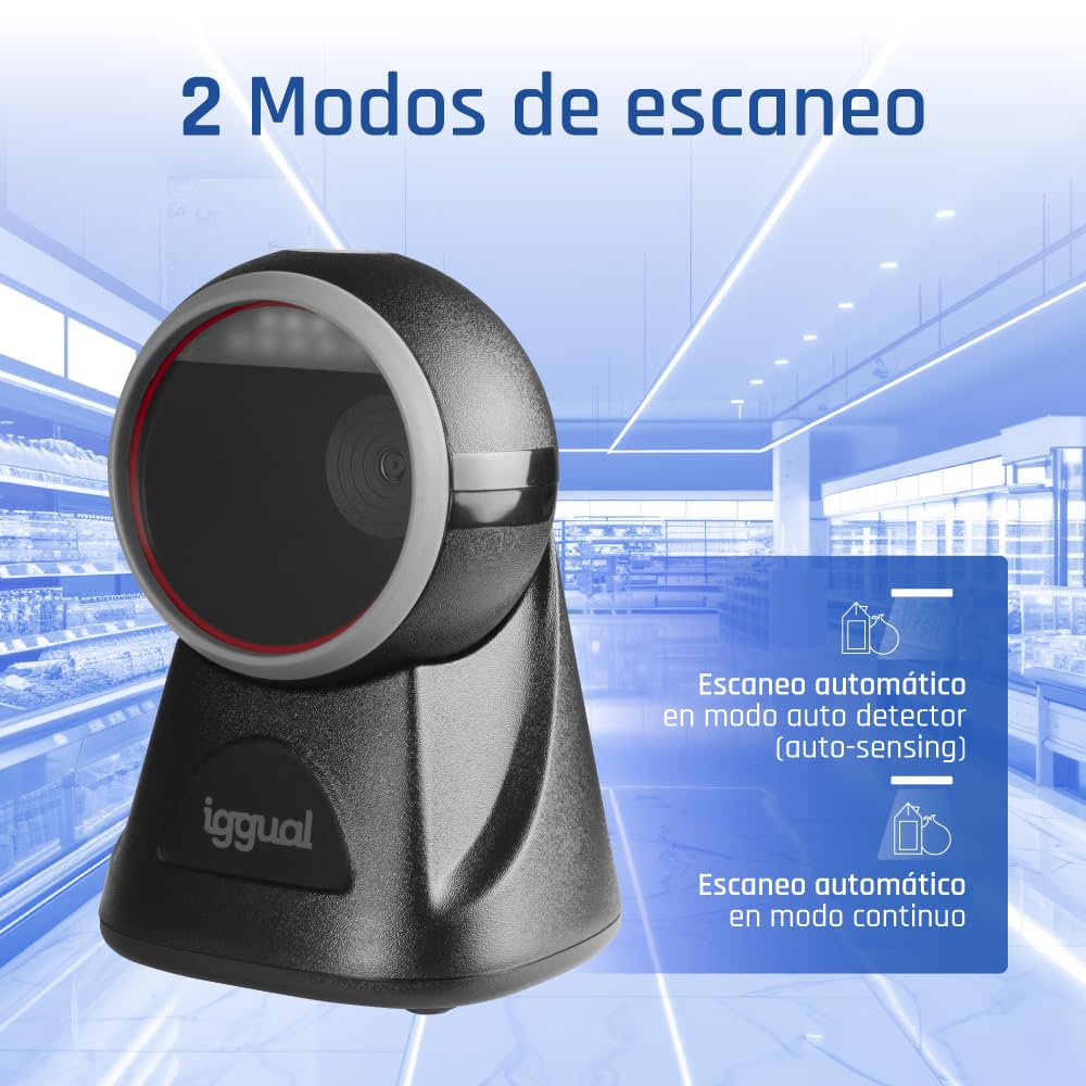 iggual-Lector de Códigos de Barras Sobremesa 2D USB – Escáner Automático con Sensor CMOS, Escáner de Sobremesa Manos Libres- - 200esc/seg. para Tiendas, Supermercados, Farmacias etc.…