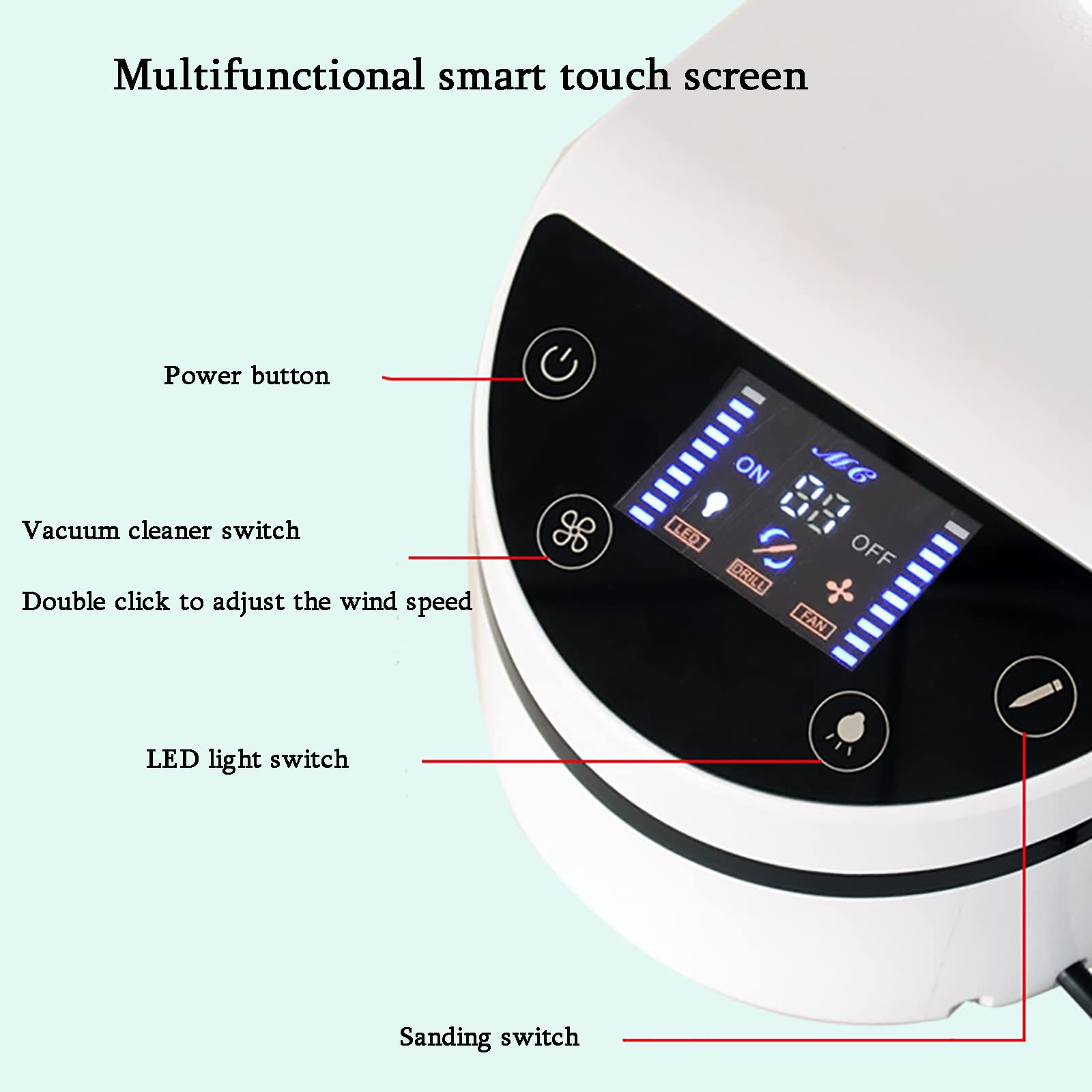 Aspirapolvere per Unghie, aspirapolvere Professionale per Salone di Bellezza da 230 W con Penna abrasiva, Display Touchscreen a LED con Luce a LED, Filtro Riutilizzabile, stru