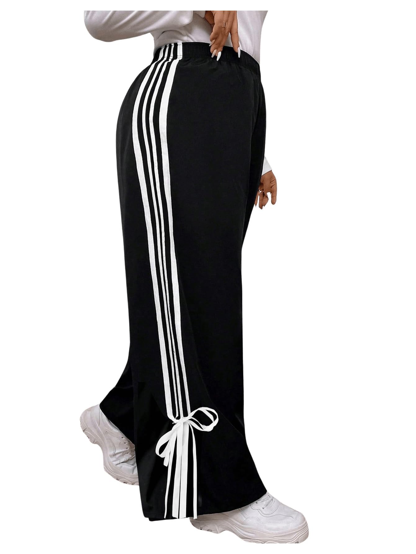 Floerns Womens Plus Size Striped Wide Leg Pants Bow Elastic Waist Casual Loose Trousers
