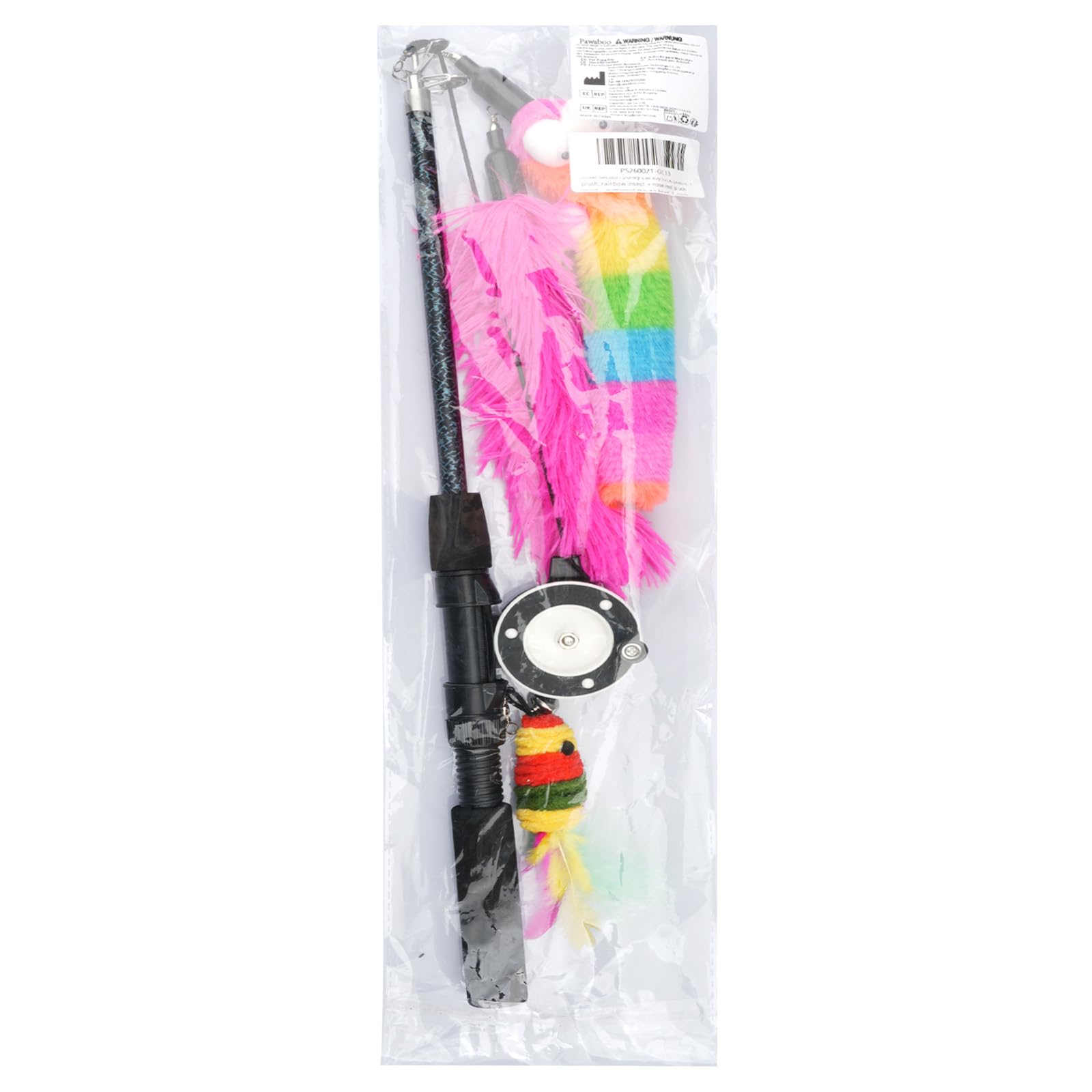 Pawaboo Bacchetta Teaser per Gatti, Canna da Pesca per Gatti con Confezione da 3 Ricariche con Piume, Giocattolo con Piume Retrattile a 3 Sezioni con Carrucola e Campanellino, Arcobaleno + Rosa Rossa