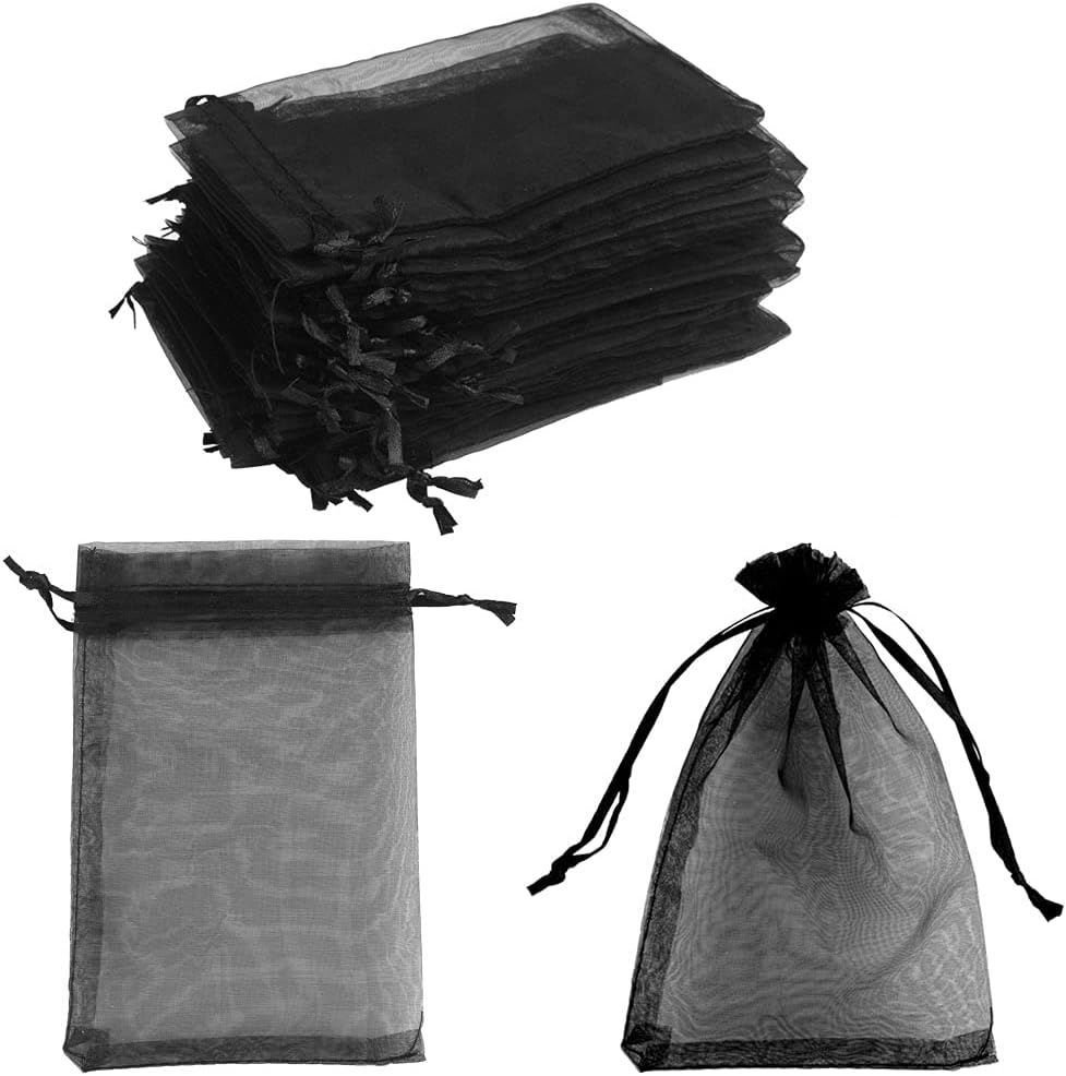 100 PCS Organza Gift Bags 4x6 Inch Black Drawstring Organza Bag Jewelry
