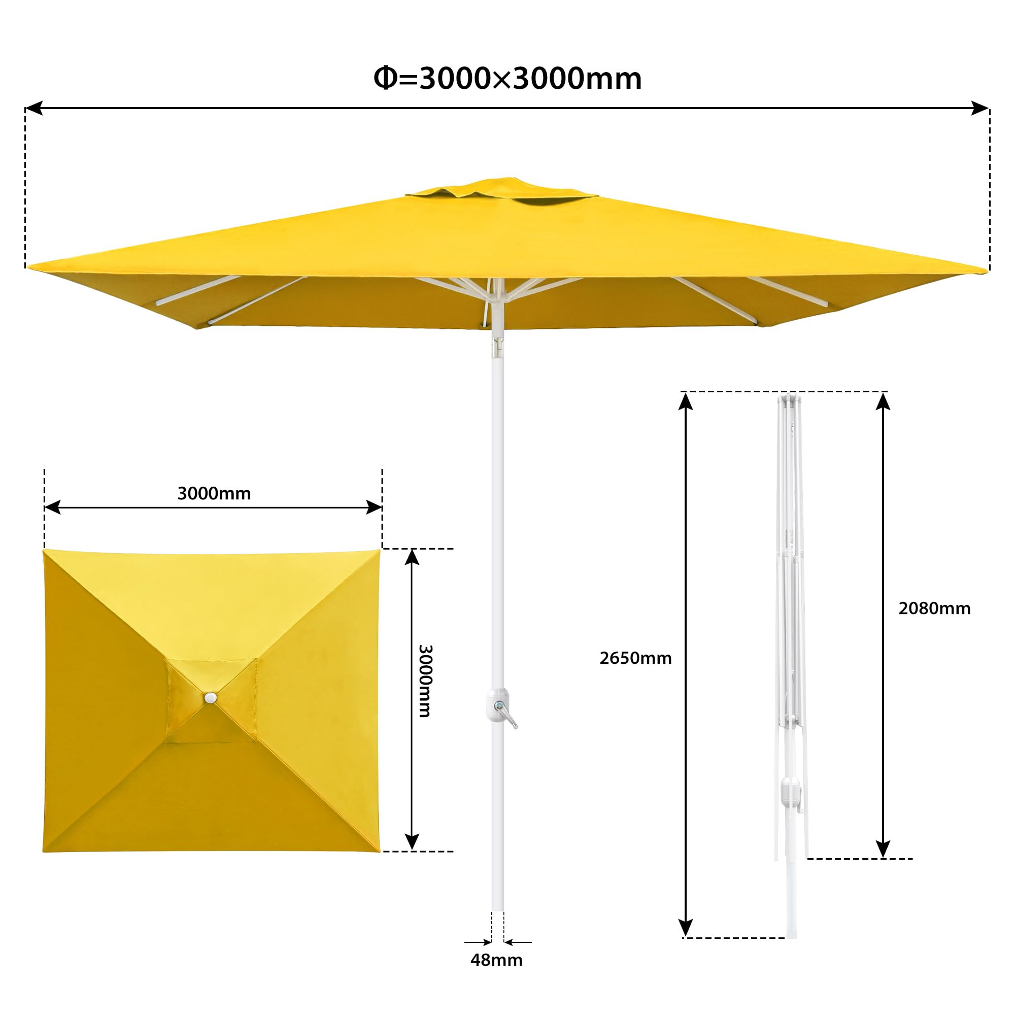 paramondo interpara Ombrellone da Giardino Inclinabile con Manovella, 3 x 3 m Quadrato Giallo, Telaio Bianco