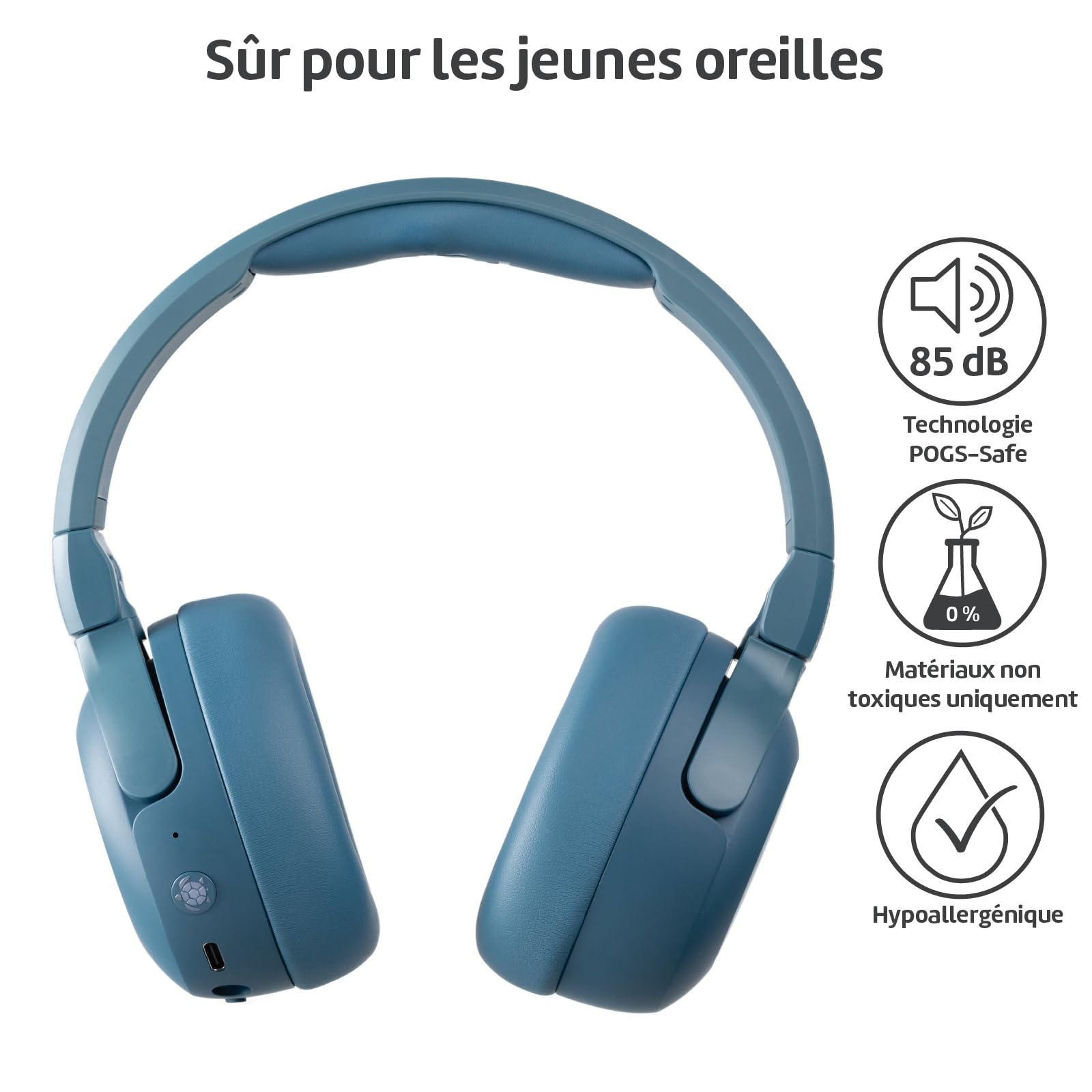 POGS La Tortue | Casque Audio Circum-auriculair sans Fil à réduction de Bruit | Casque Ajustable et Robuste | Limite de Volume à 85 DB, Microphone | Fonction de Partage de Musique sans Fil (rBleu)