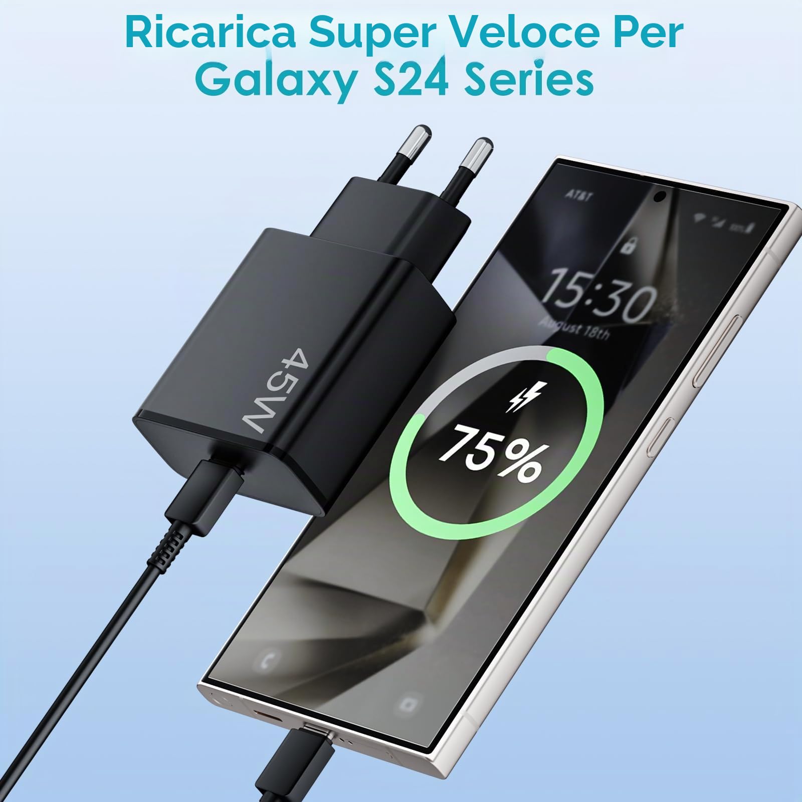 Caricatore rapido USB C 45 W con cavo tipo C 2 m per Samsung Galaxy S25 S24+ S24 Ultra S23+ S23 Ultra S22 Note20 A54 A53 Z Fold5 Fold4 Tab adattatore di alimentazione