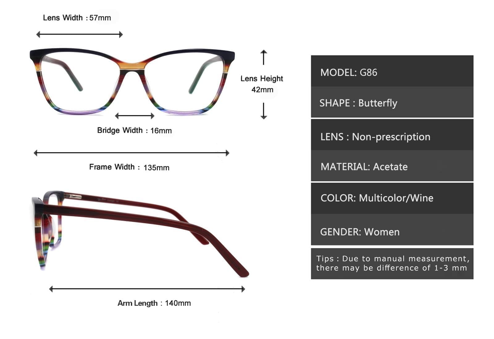 RICH MODE Übergroße mehrfarbige Brille nicht verschreibungspflichtiger optischer Acetatrahmen für Frauen und Mädchen