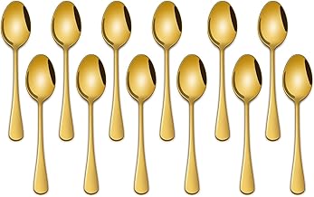 Stainless Steel Gold Dessert Spoons Set of 12 | Mirror Polished Cutlery | Ergonomic Round Handle Tea & Coffee Spoons | Durable, Rust-Free Table Spoon Set for Home, Kitchen & Dining
