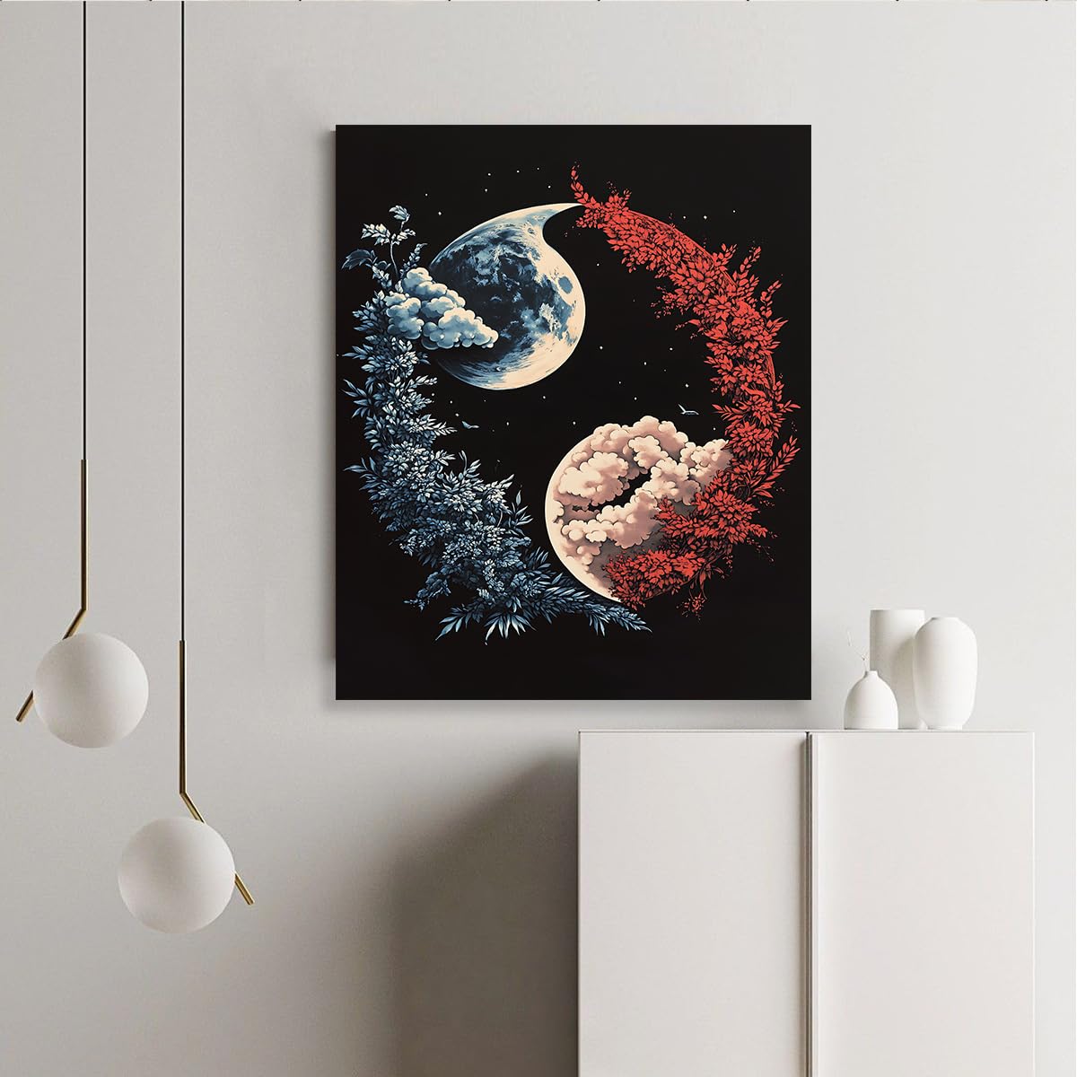 Via Vela Esthétique Lune Toile florale Art mural Affiche planète Peinture Nature Yin Yang Fresques modernes pour salon Chambre Décoration intérieure 45x60cm