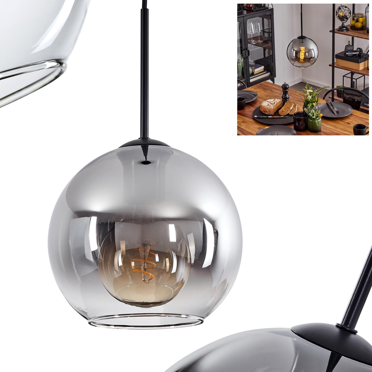 HOFSTEIN Hängeleuchte Koyoto, 1-flammige Hängelampe aus Metall/Glas in Schwarz/Rauchfarben/Klar, moderne Pendelleuchte im Retro/Vintage-Design, Ø 20 cm, E27, Esszimmer, Küche, Wohnzimmer