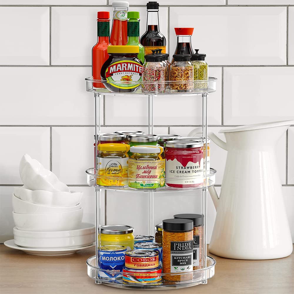 URbazaar 3 Tier Lazy Susan Spice Rack Kitchen Organizer and Storage - 360 Degree Rotating,Non-Skid,Clear Plastic, BPA Free, Turntable Organizers for Cabinet, Pantry, Refrigerator, Countertop, Cosmetic