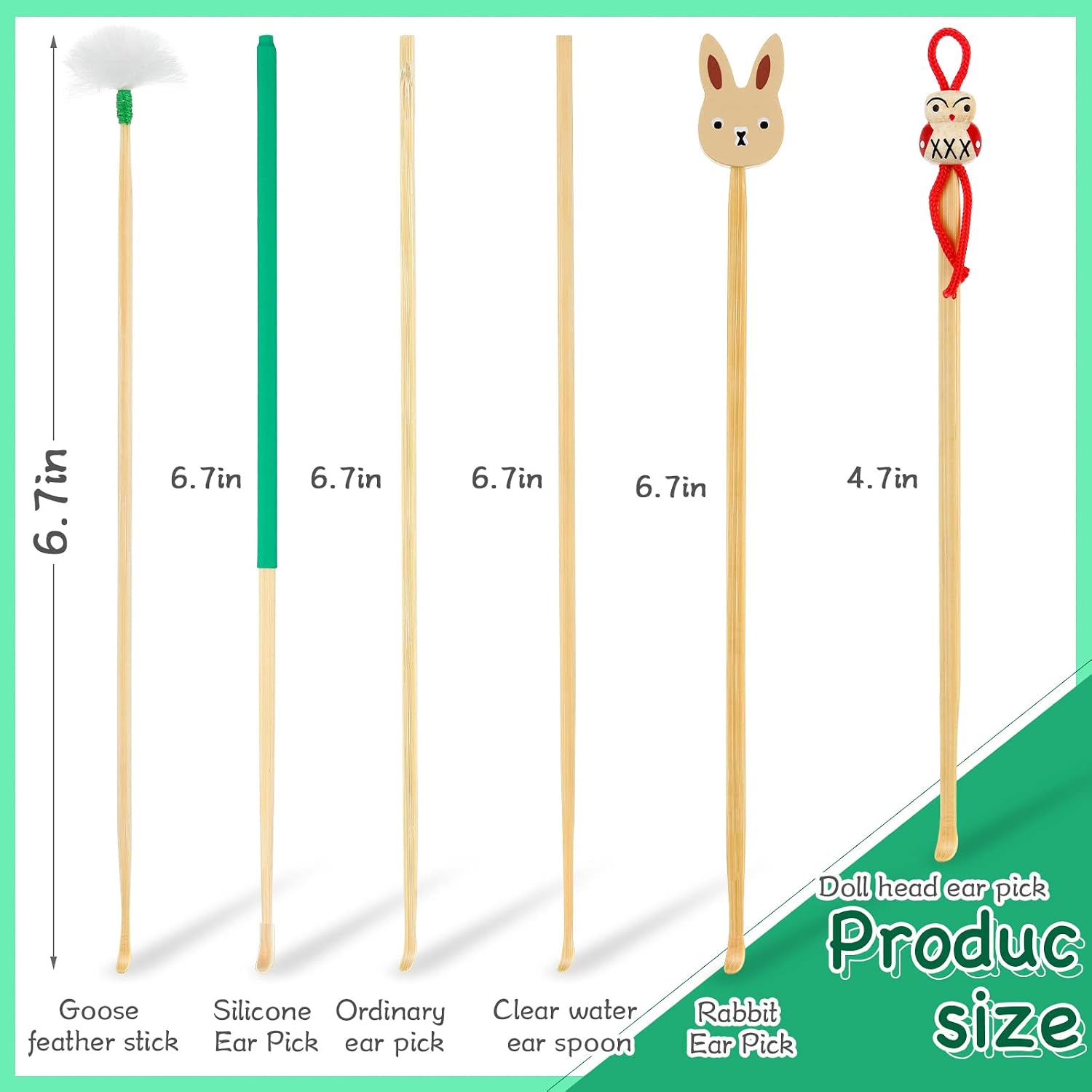Tondiamo 6 Pieces Bamboo Wood Ear Pickers Ear Cleaning Tools for Humans Cute Doll Bunny Goose Feather Earpick for Adults Cleaning Stick Kit with A Storage Box