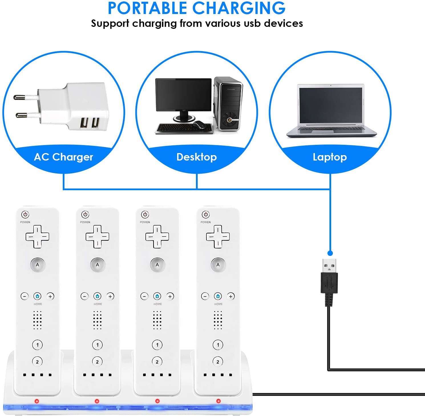 SANON Stazione di Ricarica per Controller Wii, 4 Dock di Ricarica Dock Station per Caricatore Remoto Wii con 4 Batterie Ricaricabili da 2800mAh & indicatori LED, Bianca