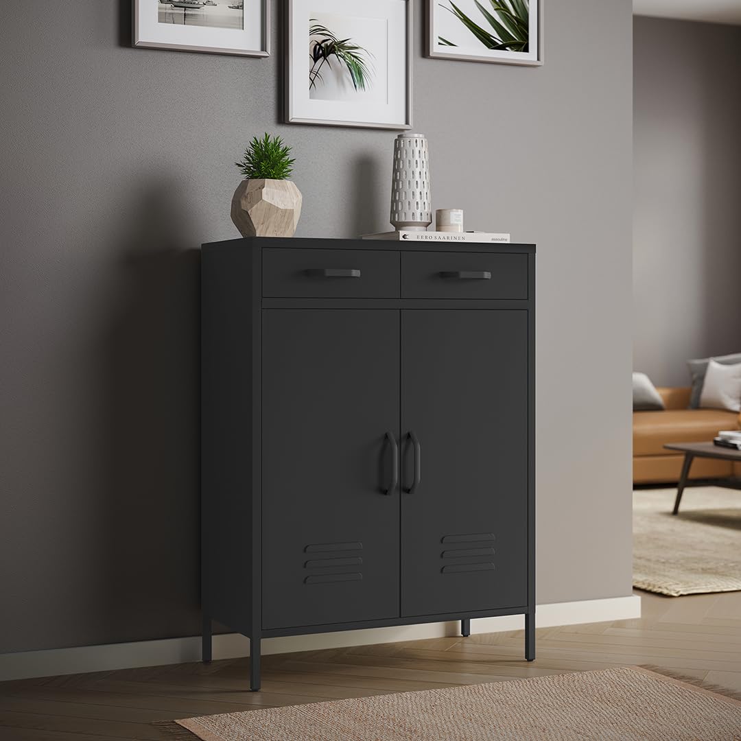 skølm Atria Metall Kommode – Sideboard in Schwarz – Metallschrank mit 2 Fächern & 2 Schubladen – Mehrzweckschrank – Industrial Highboard – Aufbewahrungsschrank/Flurschrank – Flexible Einlegeböden
