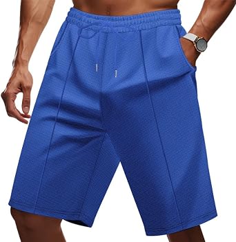 DMOYALA Casual Bermuda Shorts for Men Waffle Solid Color Elastic Waist Drawstring Summer Workout Running Shorts with Pockets