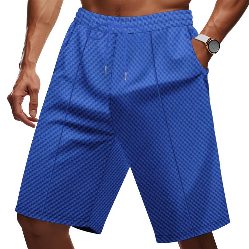 Casual Mens Waffle Shorts Summer Trendy Solid Color Drawstring Elastic Waisted Sports Bermuda Shorts Gym Wear