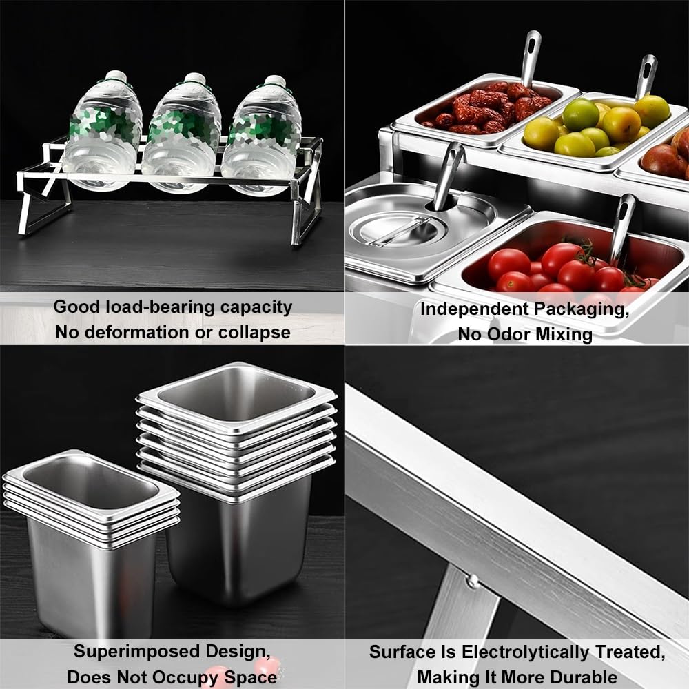 Soporte de cocina de acero inoxidable de 10 sartenes Set organizador de especias con tapas cucharas, 2 fila encimera inclinada estante de condimento, contenedores buffet titular para