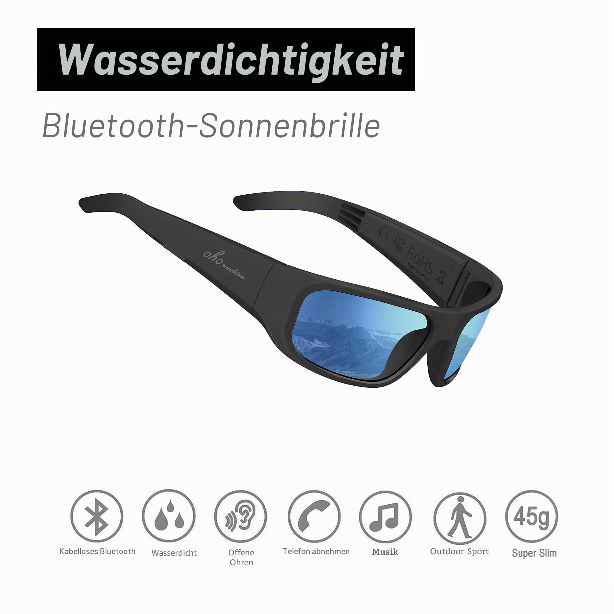 OhO sunshine Bluetooth Audio Sunglasses, Lightweight Open Ear Sport Glasses, 12H Playtime, UV400 ANSI Z87.1, Water Resistant with Voice Control
